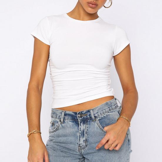 Women Tee Shirt Round Neck Short Sleeve Pullover Tops Slim Fit Solid Color T-shirt Streetwear