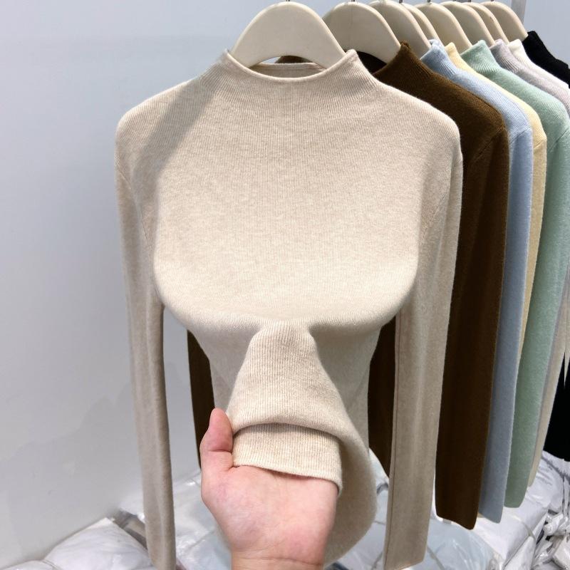 Утепленный теплый флисовый вязаный свитер с полувысоким воротником, женская весенняя мягкая восковая базовая рубашка, однотонный топ