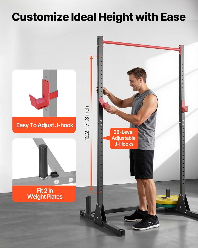 Power Cage Squat Rack, Multifunctional Power Rack Bench Press Equipment with 28-Level Adjustable J-Hooks, Strength Training Workout Home Gym for