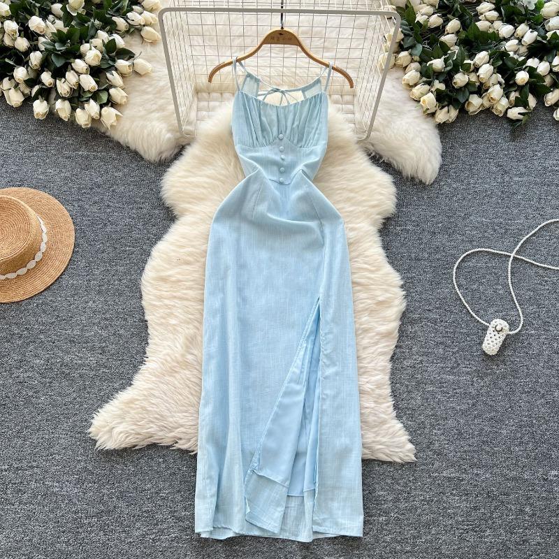 Платье-халтер с открытой спиной и открытым воротом для женщин. Платье для отпуска с зауженной талией, утягивающее и с разрезом.