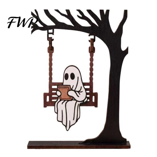 Decorative Tree for Halloween Parties Ghost on A Swing Reading Figurine, Spooky Wooden Centerpiece Black Decor Home Nook Bookshelf Library, Gifts Book