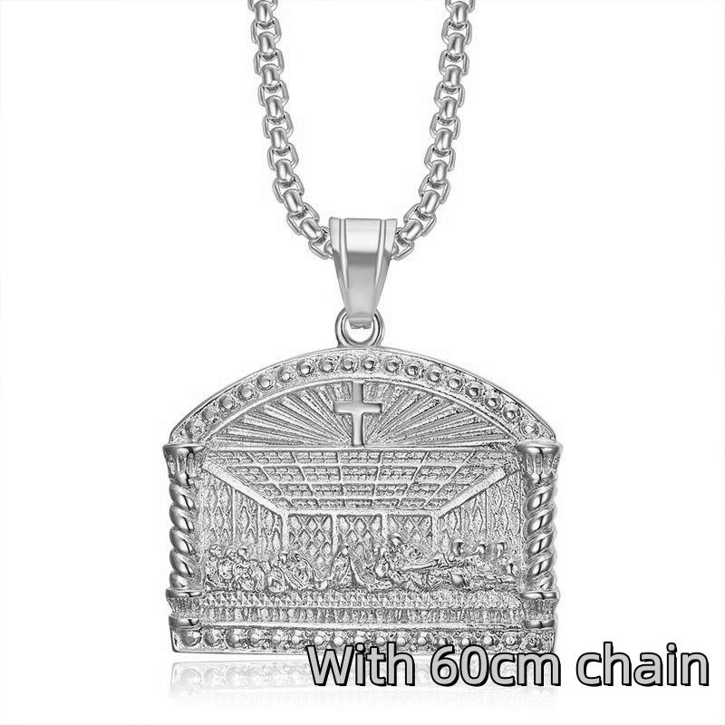 Hip Hop The Last Supper Pendant Necklace with Rhinestone Door Modeling 316L Stainless Steel Punk Rock Male Party Vogue Jewelry