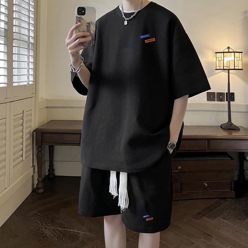 Men's Plus Size Ice Silk Waffle Two-Piece Set: Loose Short Sleeve Top & Shorts