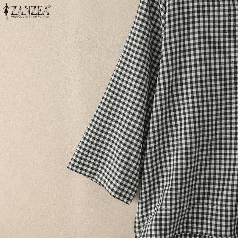 ZANZEA Женская повседневная блузка с V-образным вырезом, рукавами 3/4 и свободным кроем, в клетку