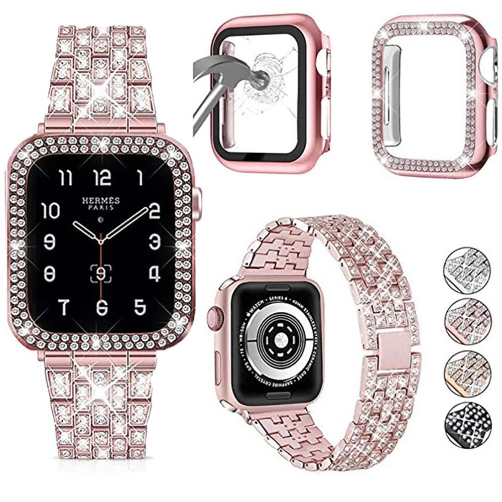 Металлический ремешок с корпусом для Apple Watch 45 мм 41 мм 44 мм 42 мм 40 мм 38 мм Алмазный браслет Ремешок для iWatch 9 8 7 6 5 4 3 SE Чехол