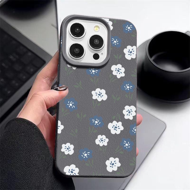 Синий цветочный узор матовая кожа текстура чехол для телефона чехол для iPhone 16 Pro Max 15 Pro 14 13 12 11 тонкий ударопрочный TPU мягкий бампер чехол