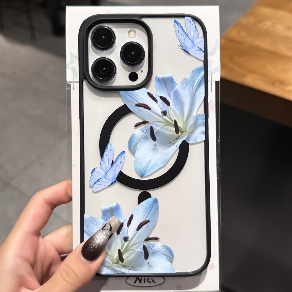 Phone Case For IPhone 17 16 15 14 13 12 Pro Max 17e Plus Air 16E 11 Blue Lily Butterfly Pattern Protective Cover Magnetic Funda