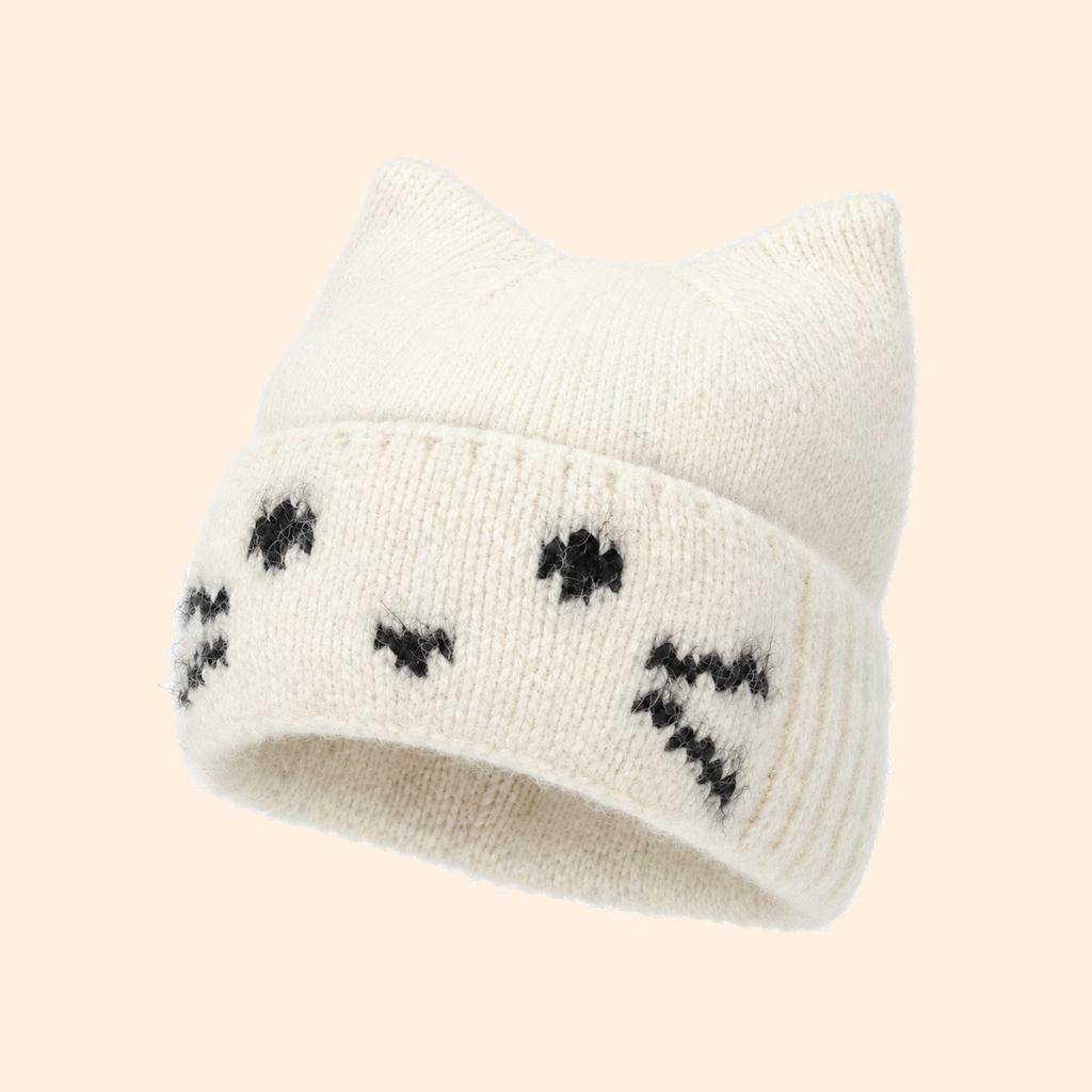 Cute kitten ears pullover hat female jacquard cat expression flanged wool hat big head circumference warm knitted hat female