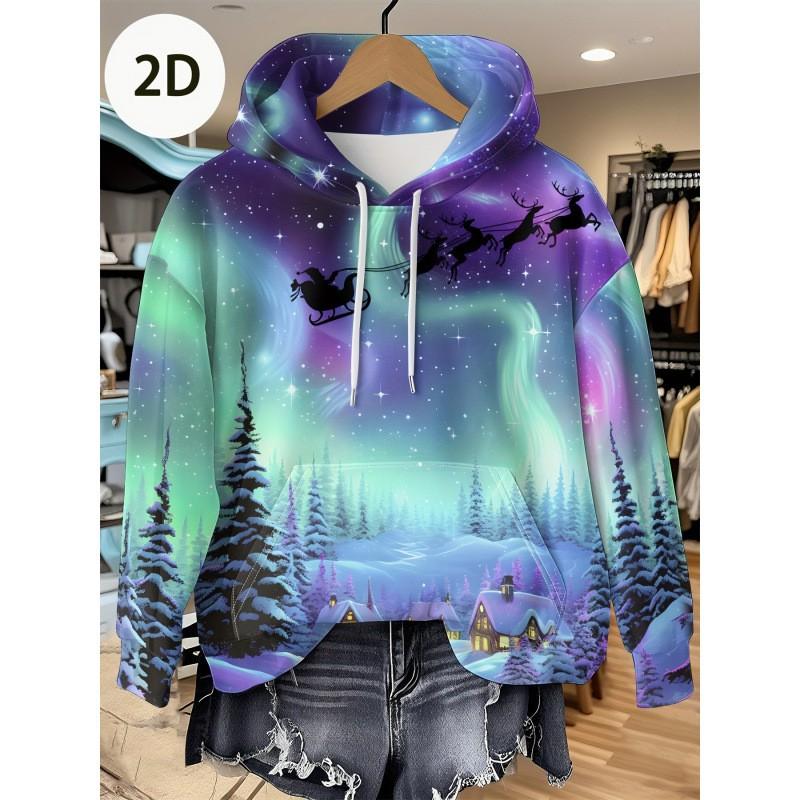 Womens Oversized Hooded Long Sleeve Sweatshirt With Floral Plaid Print Comfortable Breathable Casual Top