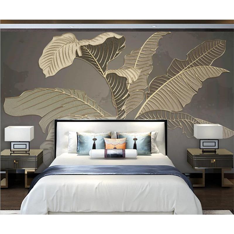 Обои с банановыми листьями, легкие роскошные зеленые фрески с растительным рисунком, золотые рельефные линии, обои для спальни, ресторана, фоновая настенная фреска