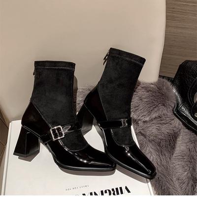 Модные осенние новые толстые каблуки одинарные сапоги женские модные квадратные головки неглубокие горловины после молнии темперамент короткие сапоги