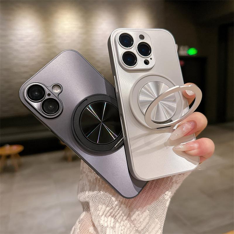 360 degree Rotatable Magsafe Ring Holder Case For 16 Pro Max 16 Plus 15 Pro 14 13 12 11 Frosted Plating Lens Film Cases