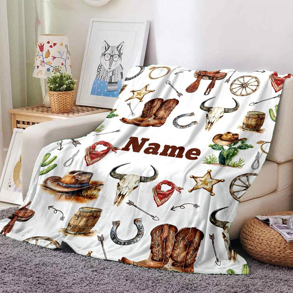 Western Cowboy Theme With Cacti And Sheriff Star Lightweight Customizable Blanket Name Durable Comfort Throw For Sofa Couch Office Bed Picnics Four