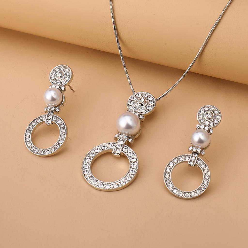 Women's Round Imitation Pearl Pendant Earrings Jewelry Set Rhinestone Round Necklace Stud Earrings Two-Piece Set Unisex Accessories