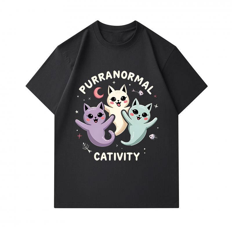 Men's 100% Cotton Crew Neck Short Sleeve T-Shirt, Cute Purranormal Cat Ghost Print Casual Halloween Tee, Soft Breathable Daily Top for Cat Lovers