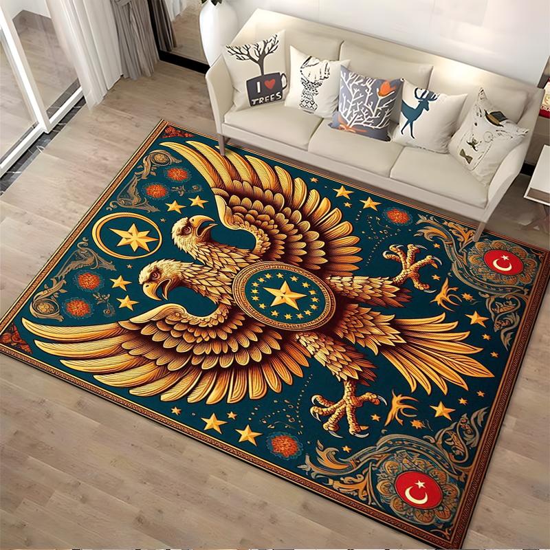 Golden Double Eagle on Teal Rug Non-slip rug suitable for living room and bedroom sofas