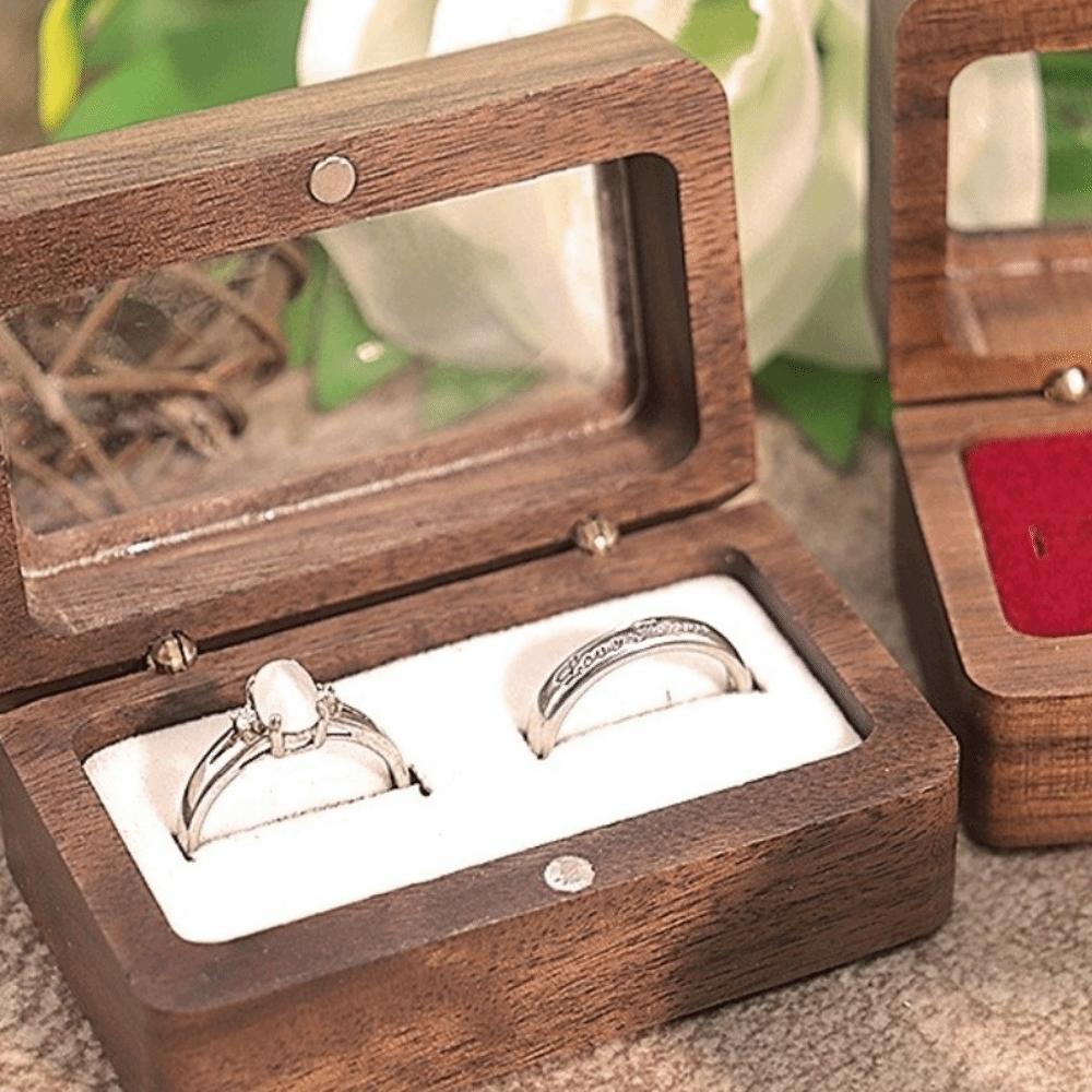 Double Slot Wooden Ring Box Rectangular Dustproof Black Walnut Cufflinks Box Exquisite Opening Window Jewelry Ring Holder