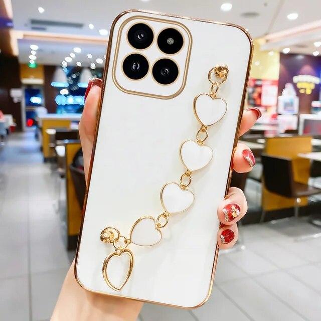 Чехол-браслет с гальваническим покрытием Love Heart для Xiaomi Mi 14T Pro 13T Pro 12T 11T Pro Chain Wristband, защита объектива камеры, мягкий чехол