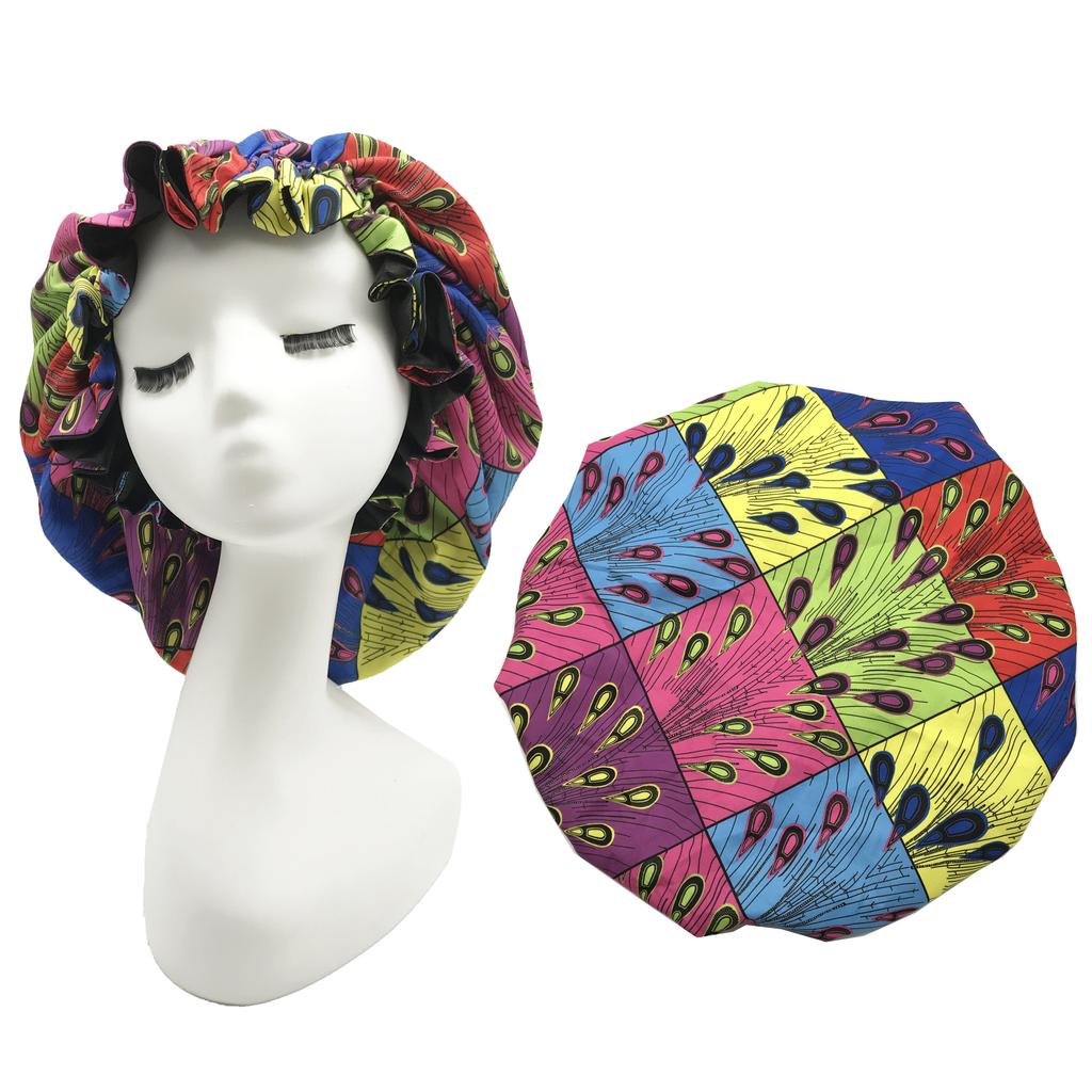 African Pattern Print Ankara Bonnet Double Layer Satin Large Turban for Women Sleep Night Hat Silk Hair Ladies Night Parties