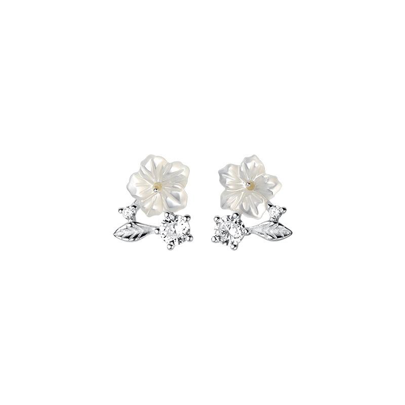 Modian 3 Elegant Shell Flowers Shiny Zircon Leaves Stud Earring for Women Silver 925 Flora Ear Pin Fine Jewelry