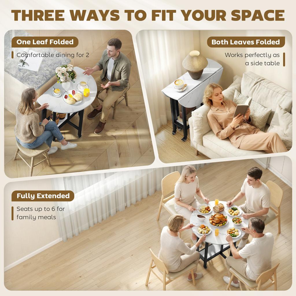 Folding Dining Table Drop Leaf Table With Open Shelf Rolling Kitchen Table For Dining Room Small Spaces White Marble