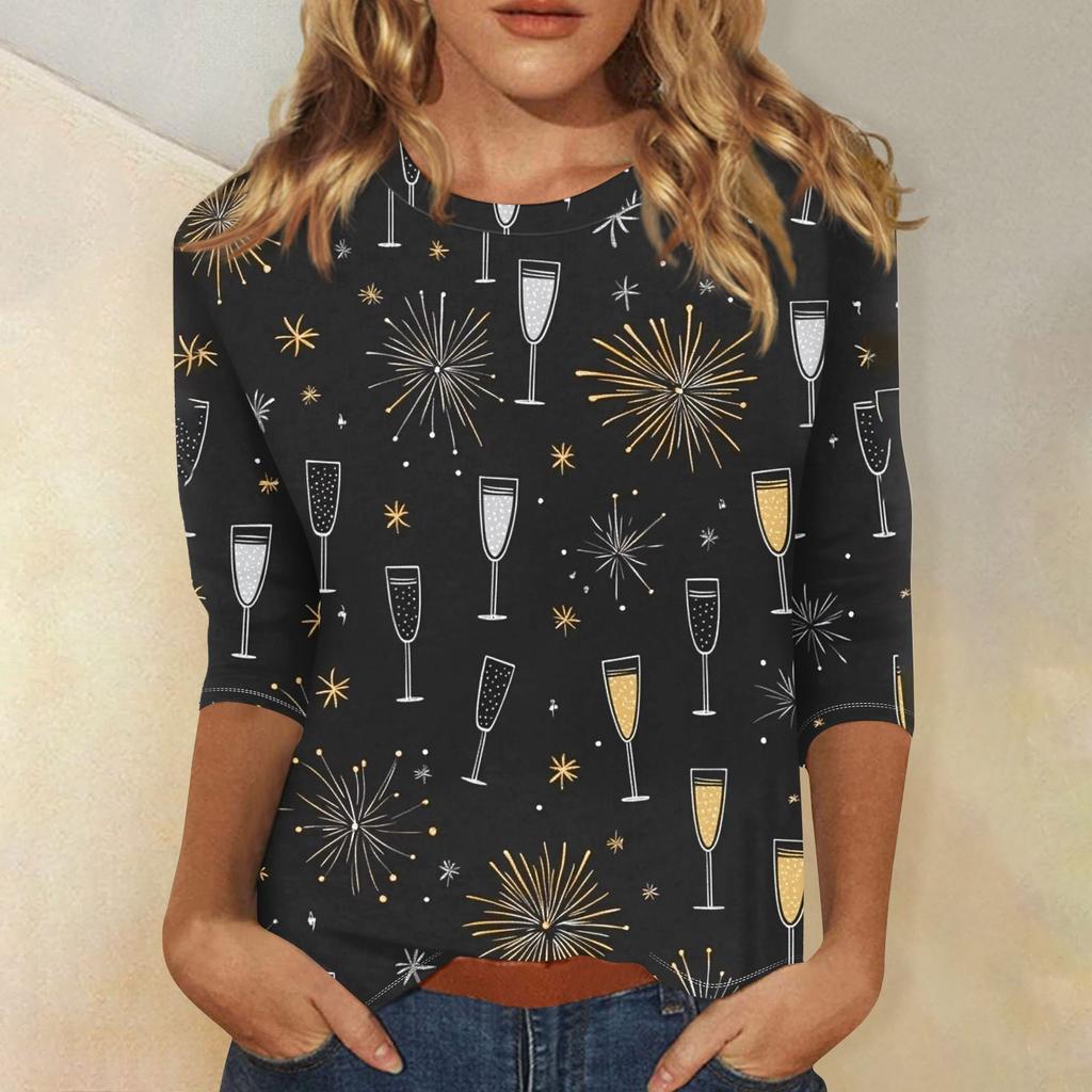 Женская мода повседневная новогодняя принтованная круглая горловина с рукавом три четверти топ Новый год 2025