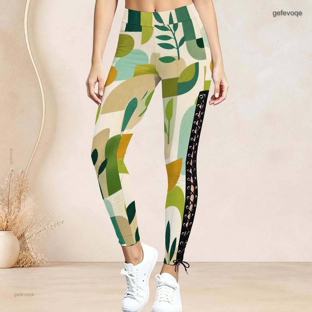 Women Plus Size High Waist Geometric Printed Side Eyelet Lace Up Full Length Fitted Leggings