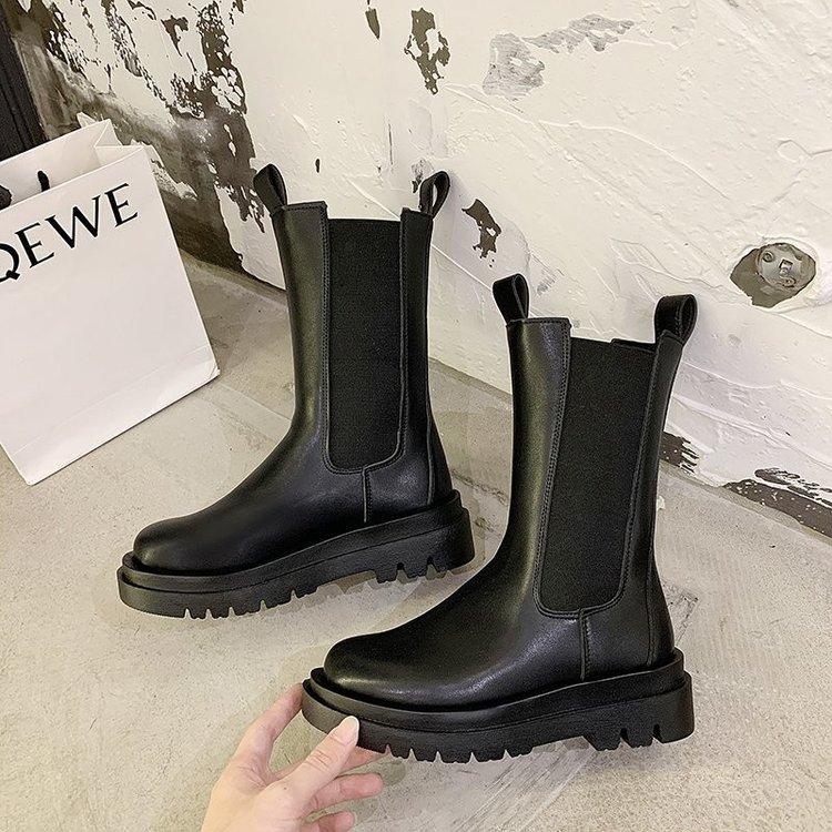 New Winter Elastic Mid-Leg Platform Chelsea Boots Black Platform Plus Size Ankle Boots