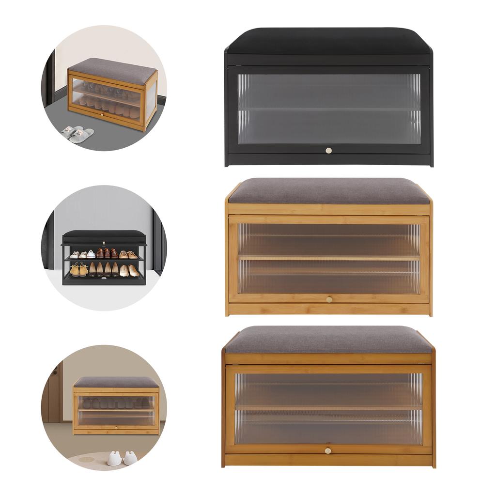 2-Tier Shoe Bench with Cushion, Sturdy Bamboo Shoe Storage Stool for Entryway, Hallway – Brown/Black/Log Color