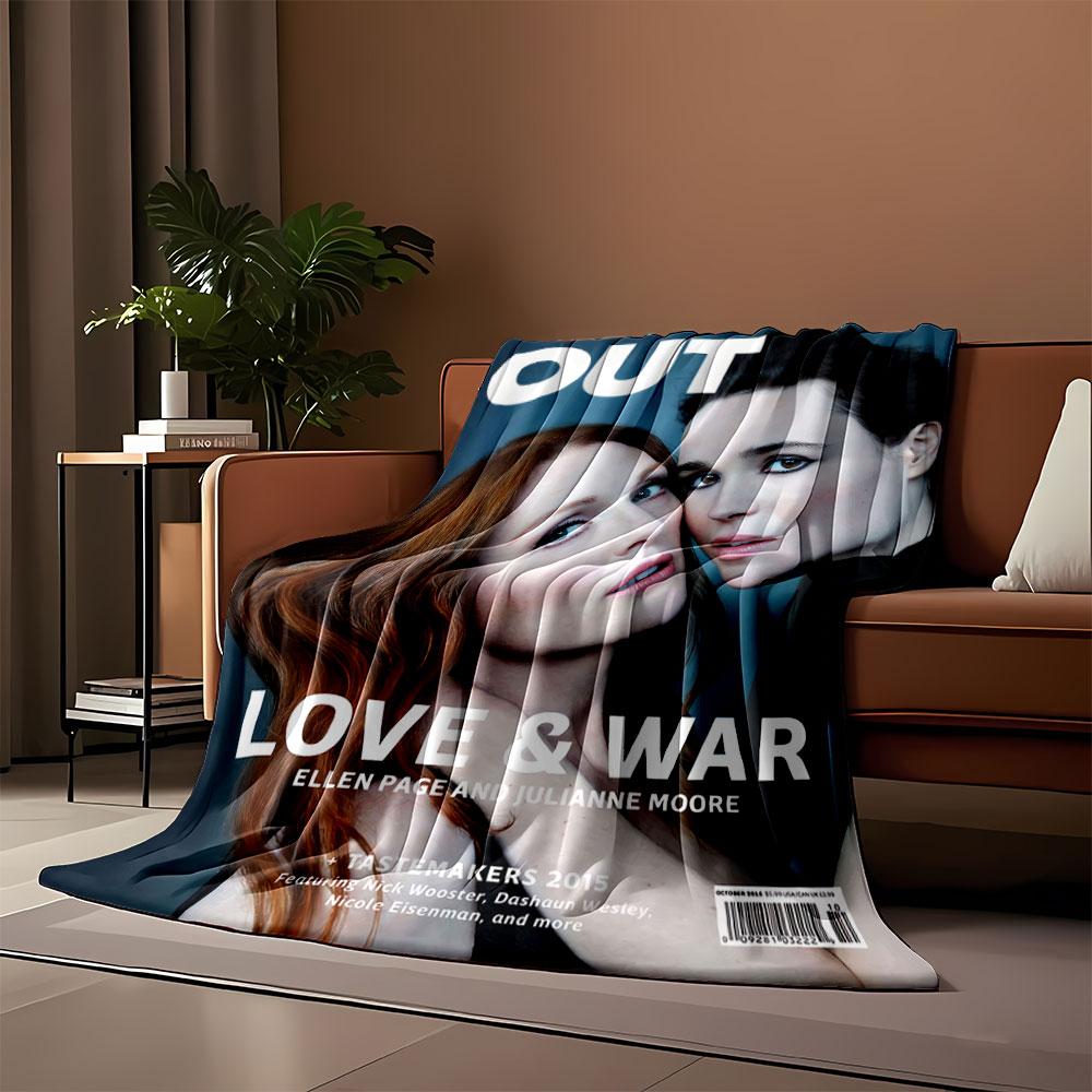 Two people close together with contrasting hair colors on a magazine cover. for all seasons blanket lunch break throw gift