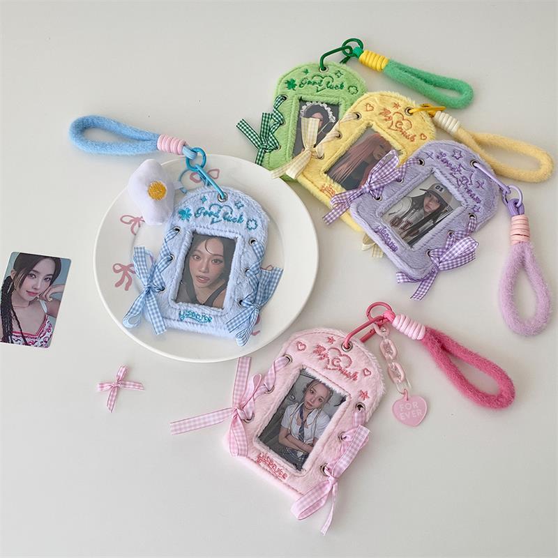 Cute Ballet-Style Ribbon Photocard Holder Plush Card Holder With Lanyard Idol Photo Storage Card Display Protective Pendant Gift