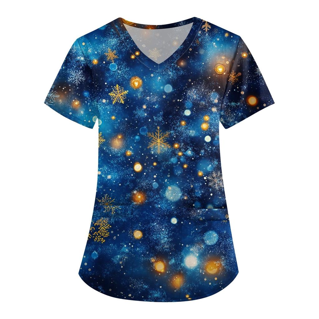 Women's Cute Printed Work Clothes V-neck Double Layer Pockets Basic Short Sleeve Top Pullover Christmas