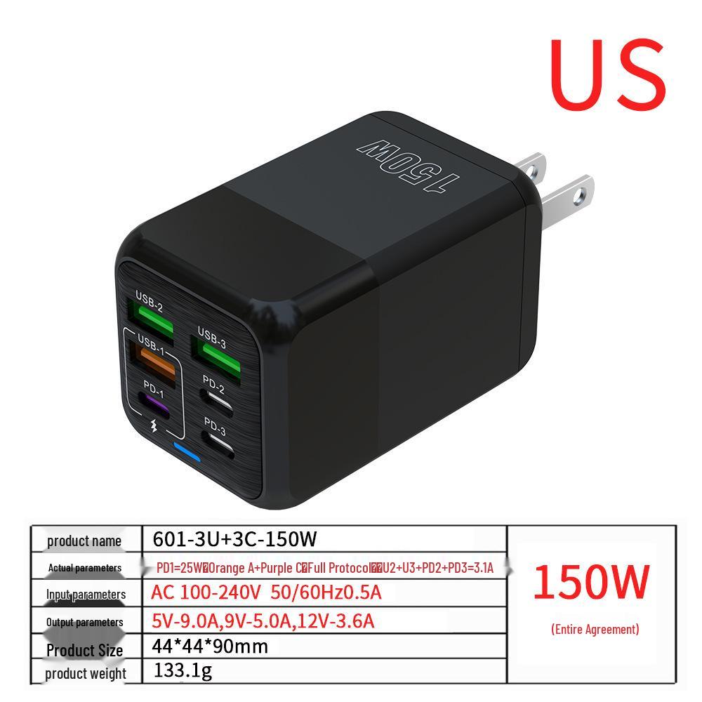 Многопортовое зарядное устройство 6-в-1 мощностью 150 Вт: 3 порта USB и 3 порта PD, быстрая зарядка 5 В 3,1 А