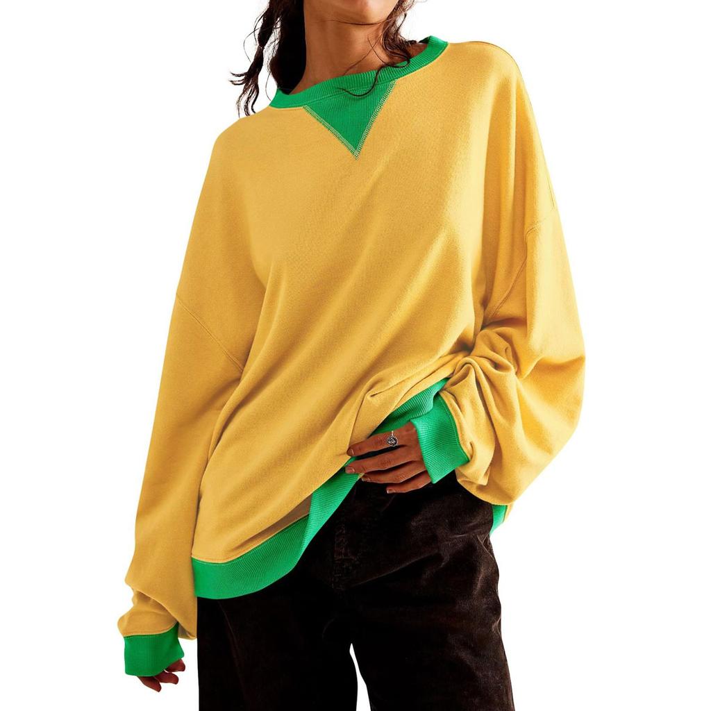 Женская толстовка с цветными блоками и воротником, негабаритная рубашка с длинными рукавами, повседневный пуловер, верхняя одежда
