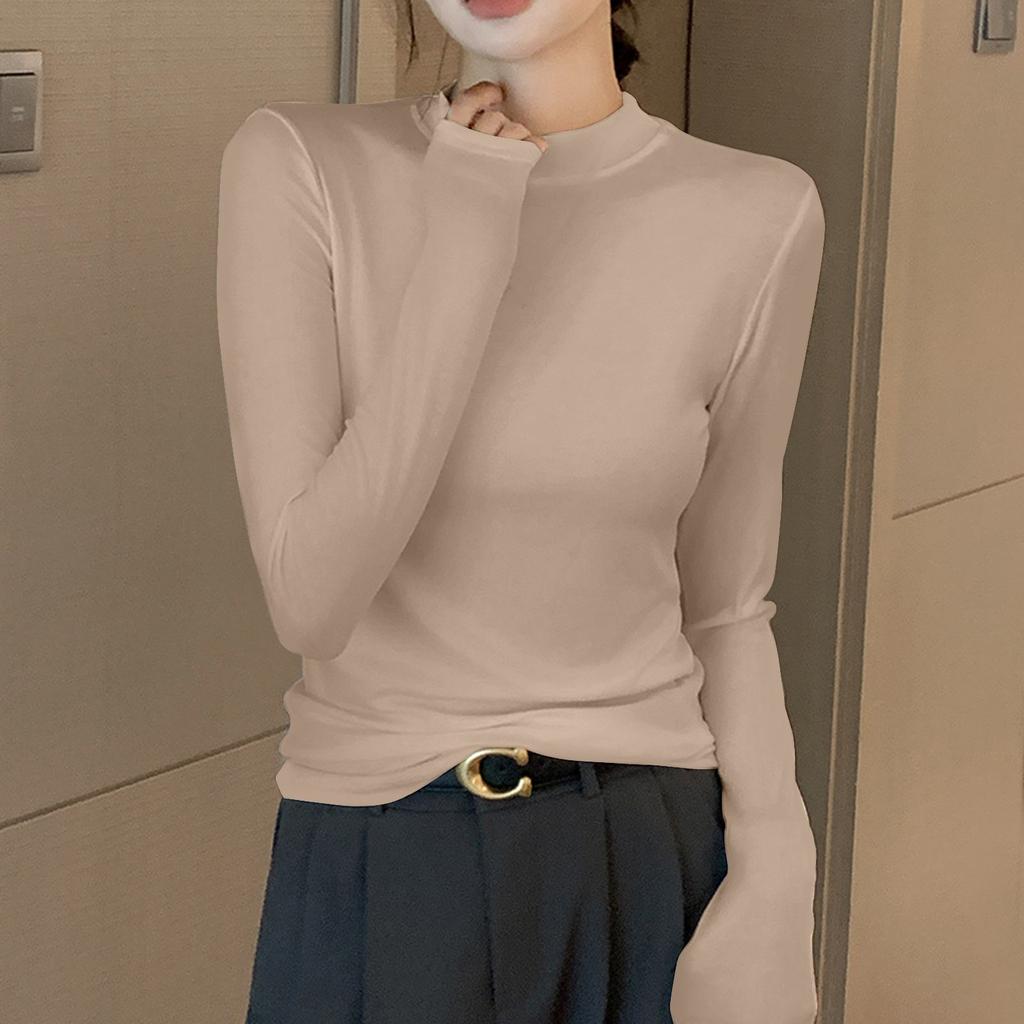 Женская однотонная однотонная футболка с полувысоким воротом и длинным рукавом