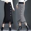 New Qianniao Plaid High Waist Tassel Thickened Versatile Slim Wrapped Hip Skirt Solid Button Asymmetric Straight Knitted Skirt