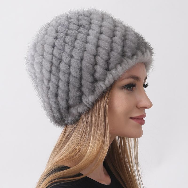 Шапки из натурального норкового меха для женщин, шапка-бини с ананасом, вязаные эластичные классические женские зимние теплые шапки