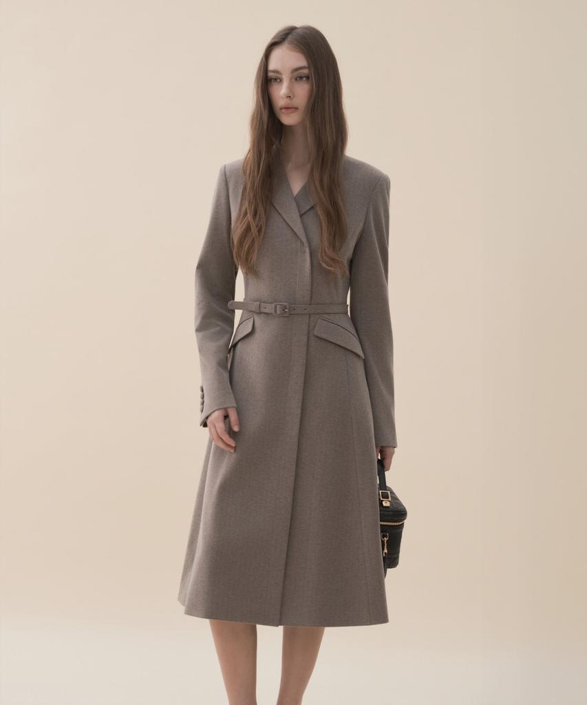 MAU SOLEUM Jenn Herringbone Long Belted Dress - Brown