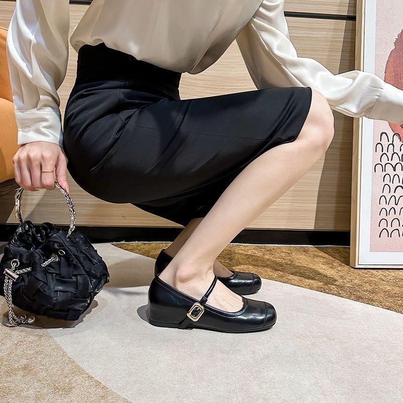 French Small Inner Height Increase Small Leather Shoes Women's One-word Buckle with Square Buckle Shallow Mouth Mary Jane Single Shoes 2025 Spring