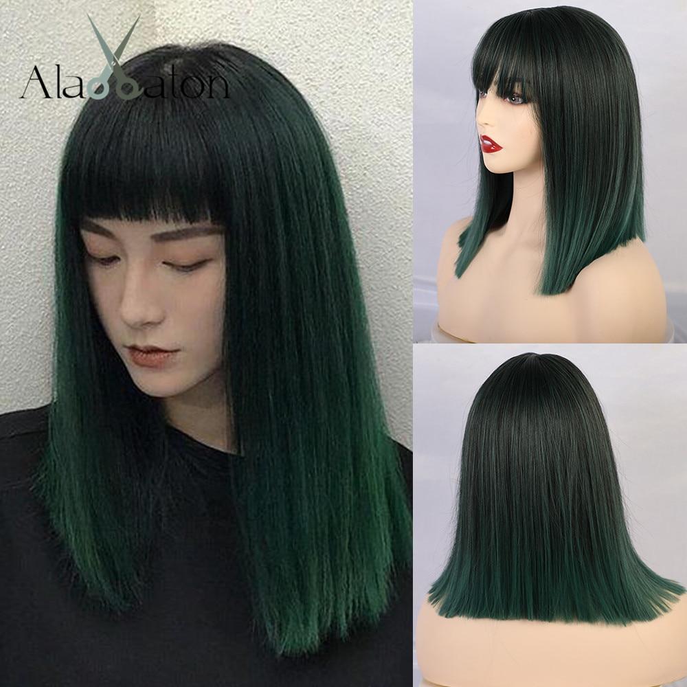 Eaton Medium Straight Women Alan Synthetic Wigs High Temperature Hair With Fringebangs Mix Green Black Bobo Lolita Cosplay Wig