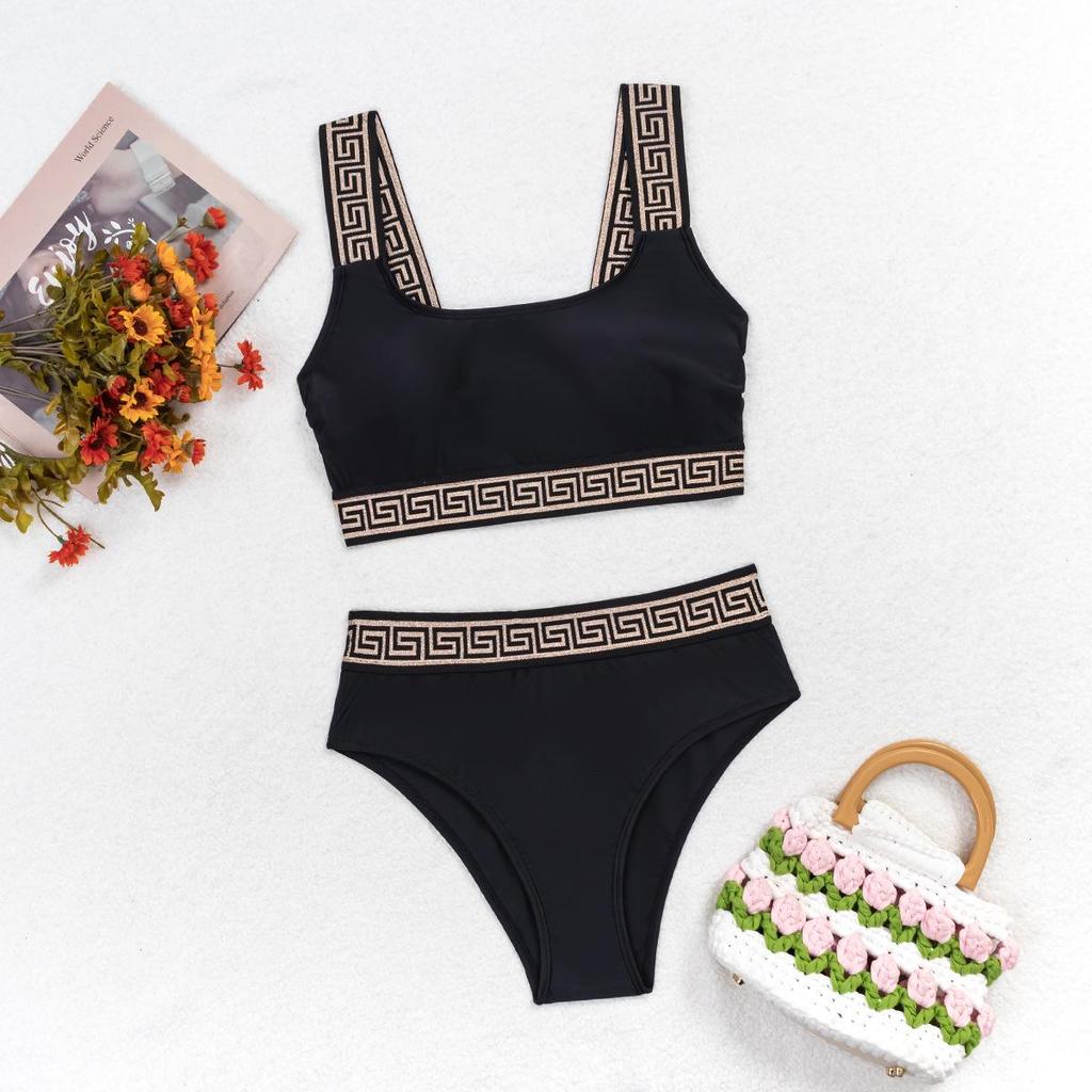 New Women's Two-Piece Solid Color Bikini with Webbing Strap Triangle Panties Swimsuit