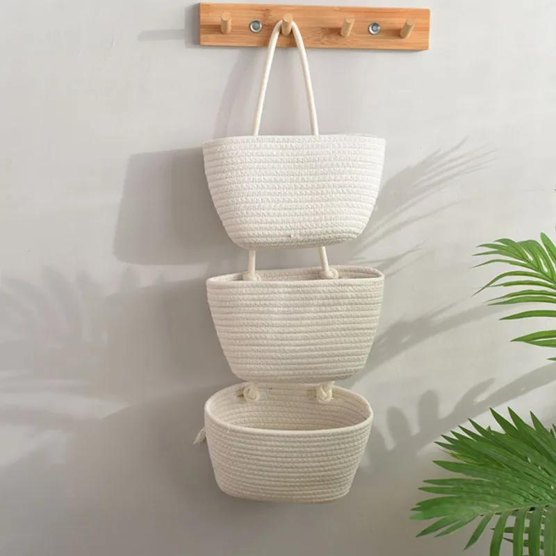 Cotton Wall Hanging Storage Basket-3-layer Sundries Organizer Decorative Household Wall Storage Tool for Home Organization Needs