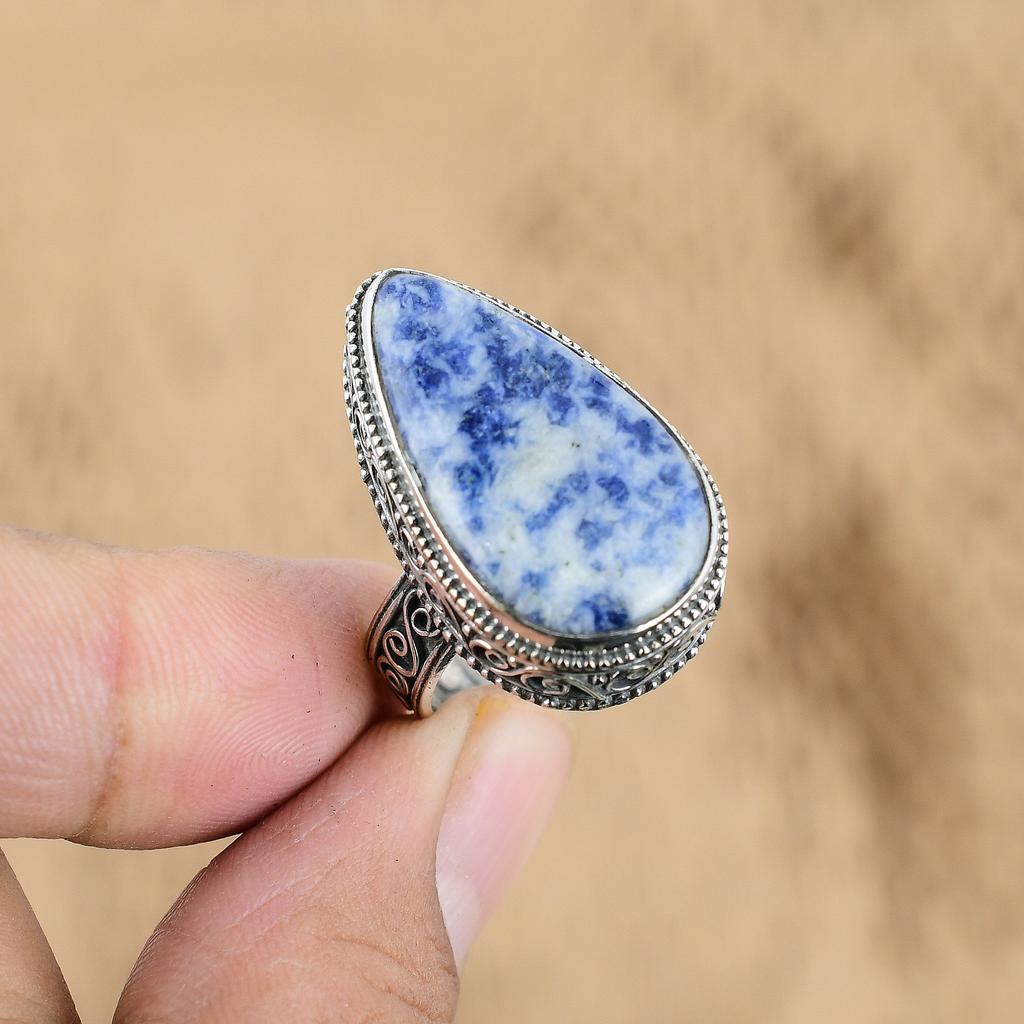 925 Sterling Silver Sodalite Stone Engagement Sister Wedding Vintage Unique Ring