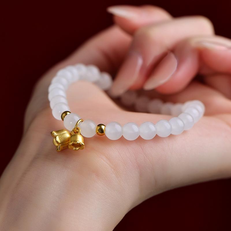 Natural Hetian Jade Bracelet for Women, Sheep Fat Jade with Golden Lily of the Valley Beads, Small Beads, Light Luxury, Niche and Exquisite