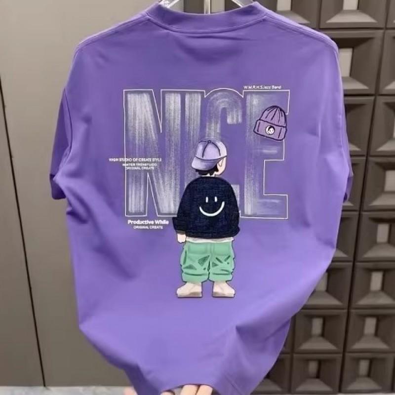 Mens Loose Fit Cotton T-Shirt With Cartoon Print Casual Short Sleeve Round Neck Top