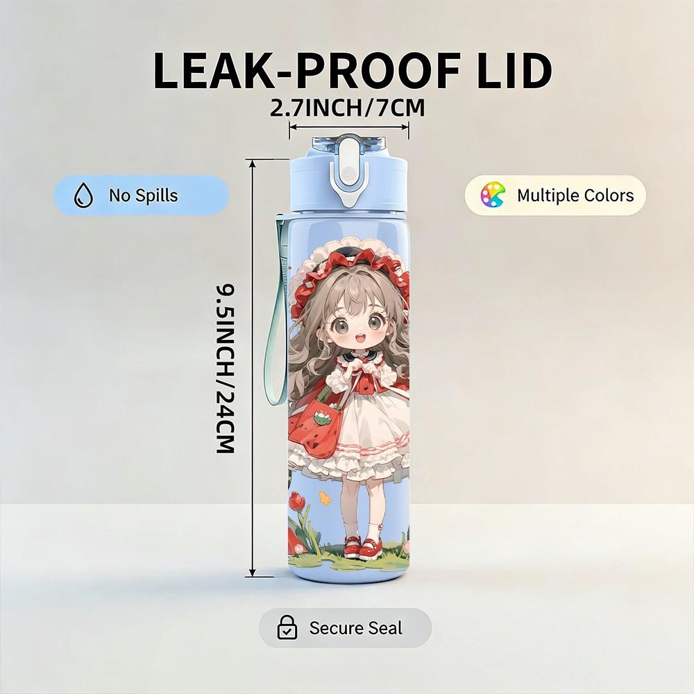 1PC Red White Dress Girl Rose Flower Pattern 750ml Color Plastic Sports Water Bottle Leakproof Flip Straw Lid Suitable for Sports Office Home Use