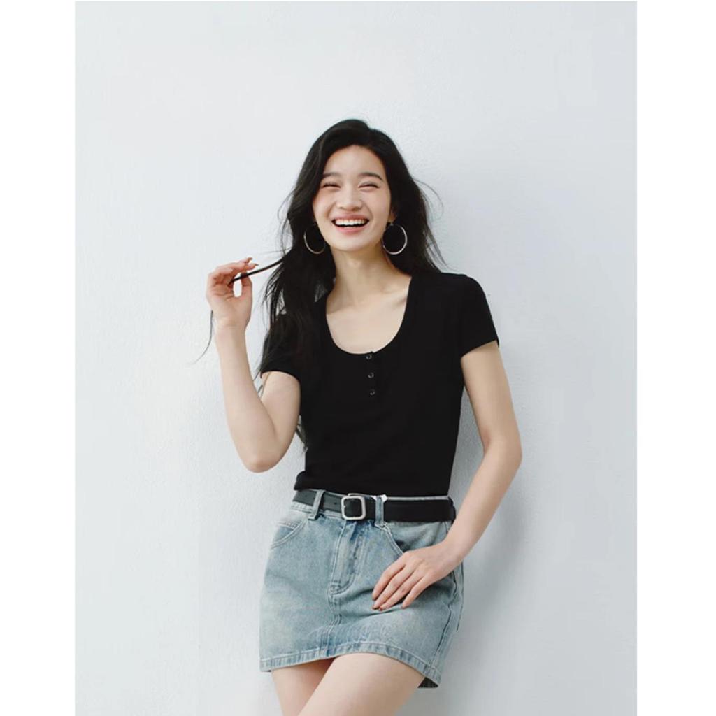 Women's Short Sleeve Henry Collar Ribbed T-Shirt Loose Fit Base Layer Summer 2026 Casual Wear