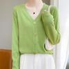 Весенне-осенний женский трикотаж, короткий свободный вязаный кардиган с длинными рукавами и v-образным вырезом, однотонная пряжка