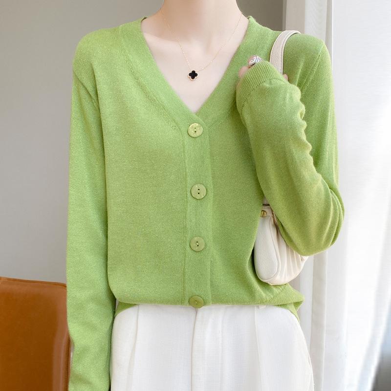 Весенне-осенний женский трикотаж, короткий свободный вязаный кардиган с длинными рукавами и v-образным вырезом, однотонная пряжка