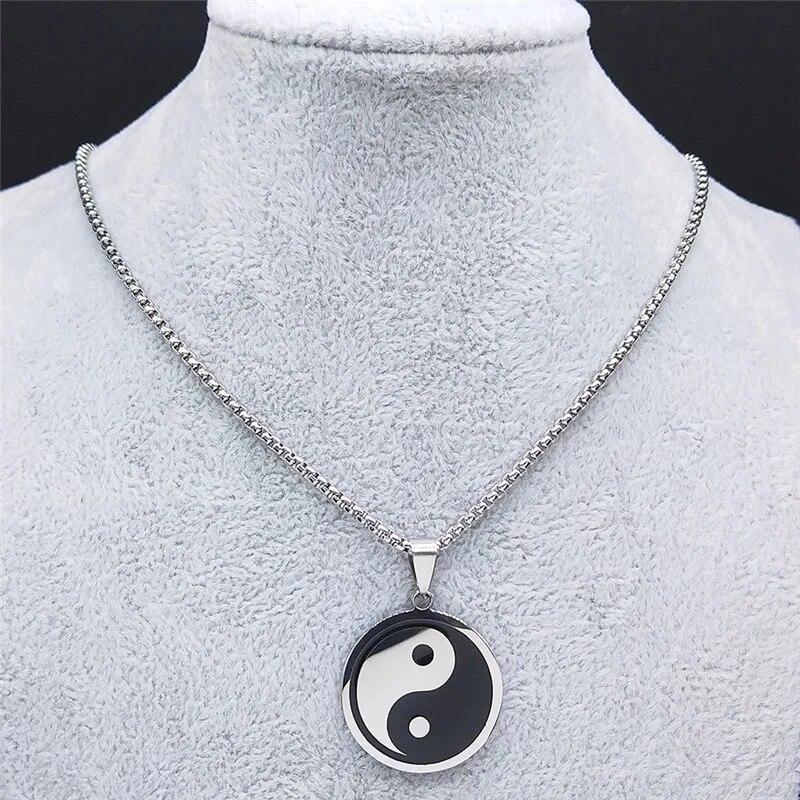 Yin Yang Gossip Necklace for Women/Men Stainless Steel Silver Color Ba Gua Taichi Chain Jewelry